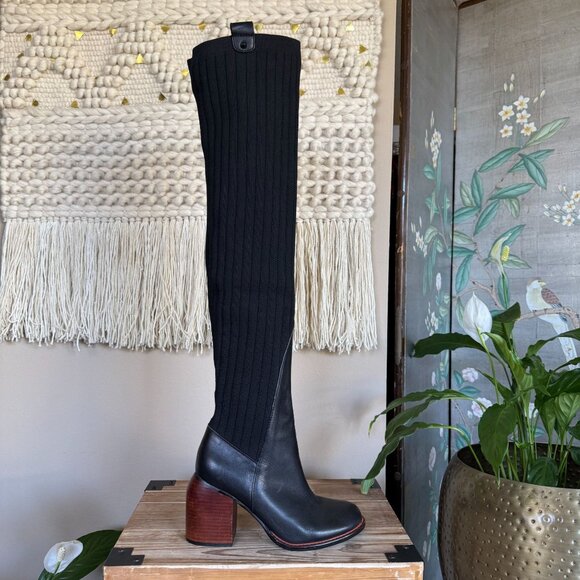 KELSI DAGGER BROOKLYN Black Leather Knit Over The Knee Curved Block Heel Boots - Picture 10 of 16